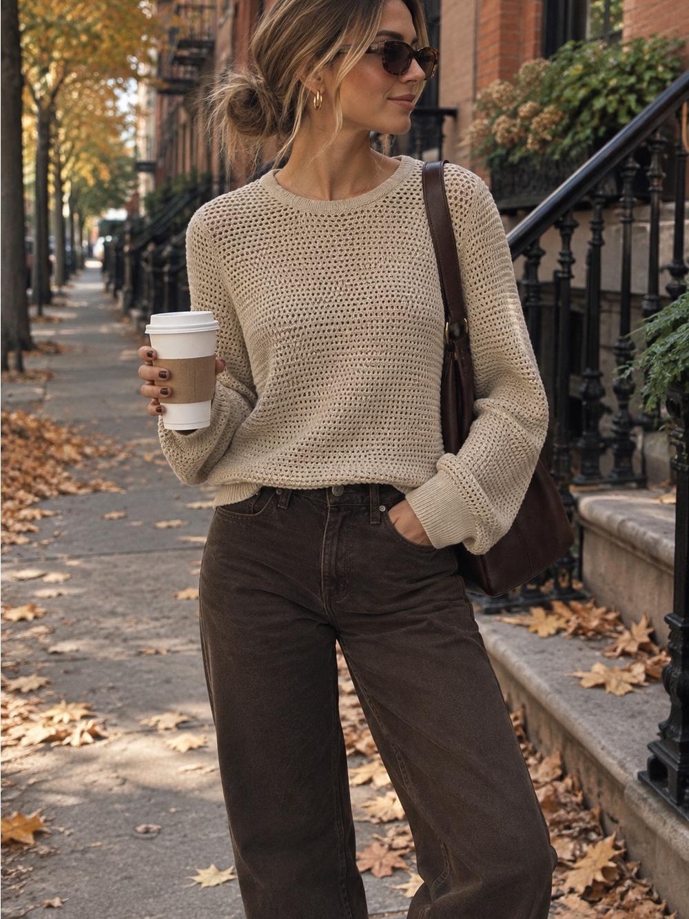 GAP Open-Weave Crewneck Sweater in Light Beige